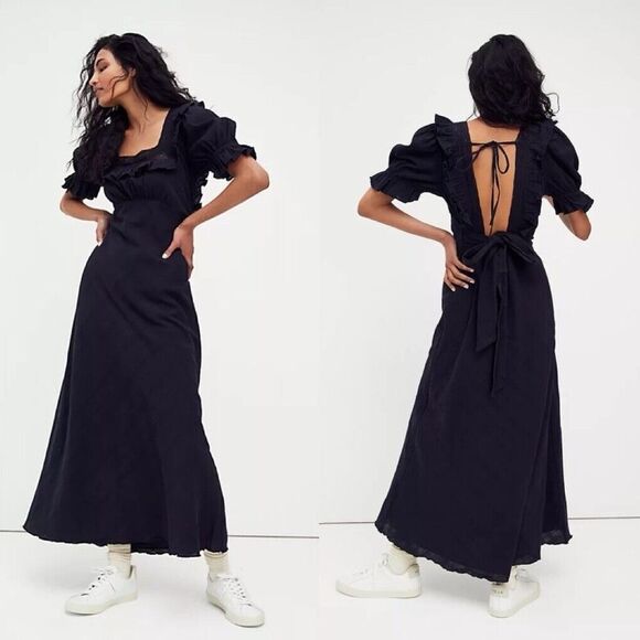 NEW FREE PEOPLE ENDLESS SUMMER Sz L NOW AND FOREVER MIDI MAXI DRESS Black Linen - Picture 1 of 10